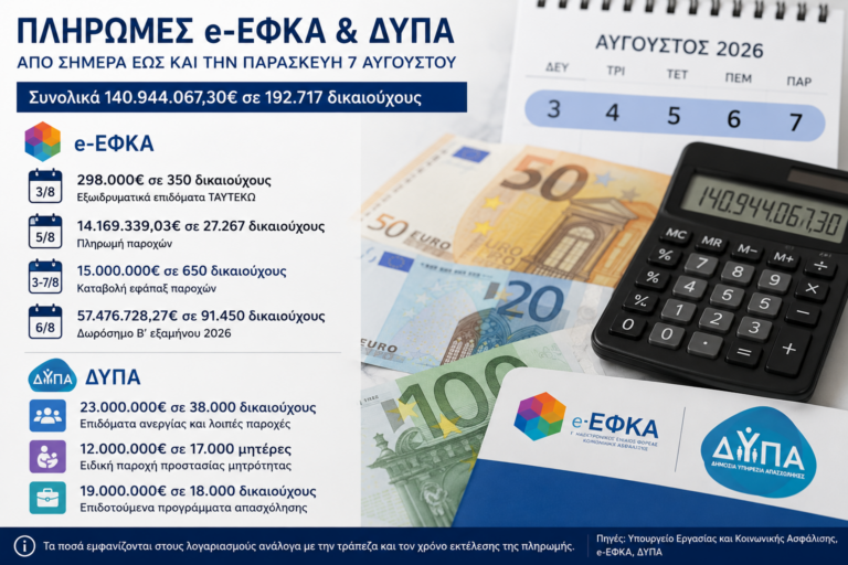 Πληρωμές 140,9 εκατ. ευρώ από e-ΕΦΚΑ και ΔΥΠΑ – Ποιοι θα δουν χρήματα στους λογαριασμούς τους